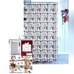 Christmas Shower Curtain Fabric Tartan Buffalo Plaid Dog Print Red White 70 x 72